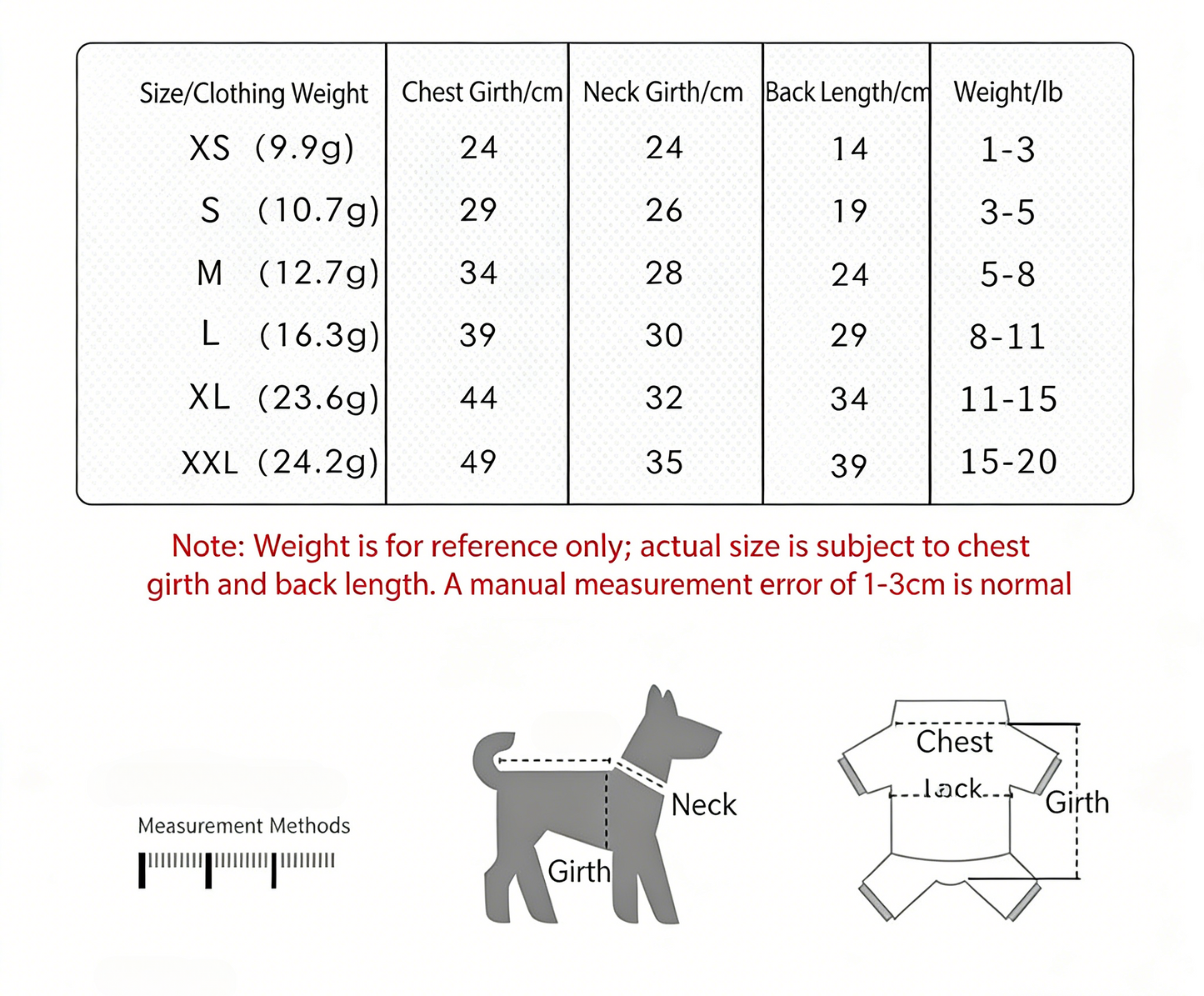 Pet clothes size chart showing measurements in CM for small, medium, and large dog breeds