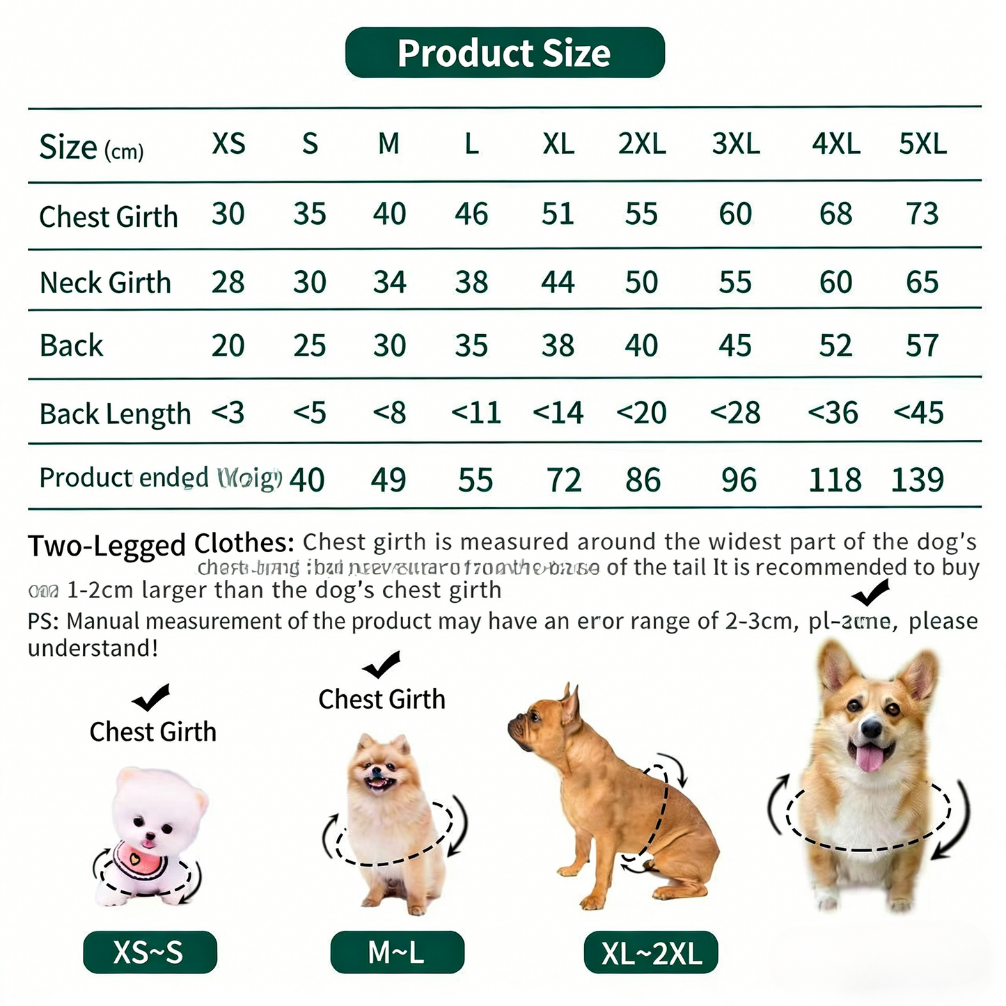 Pet clothes size chart showing measurements in CM for neck, chest, and back length for various dog breeds