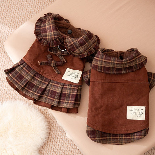 Dog Dresses for Small Dogs Plaid Matching Hoodie Couple Wear Brown