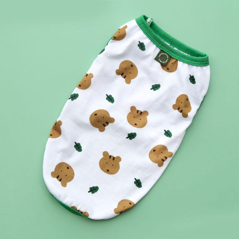 White pet vest with brown bear prints, lightweight summer apparel for pets
