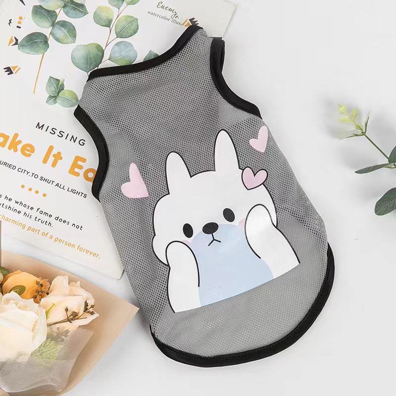 Grey pet vest with cute cartoon dog face print and blue trim, small dog apparel

