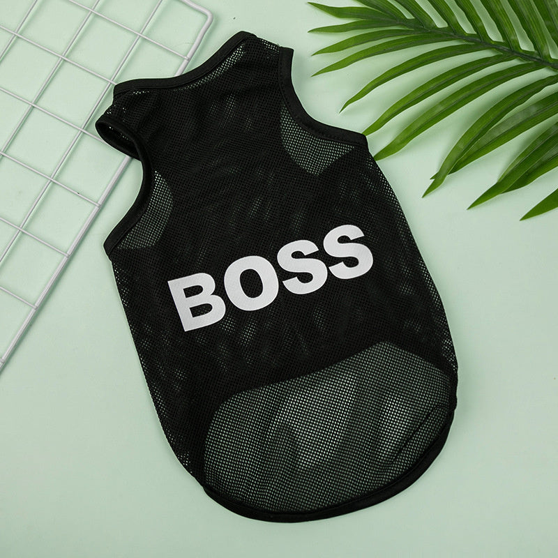 Plain black "BOSS" printed dog tank top, minimalist pet apparel for daily wear
