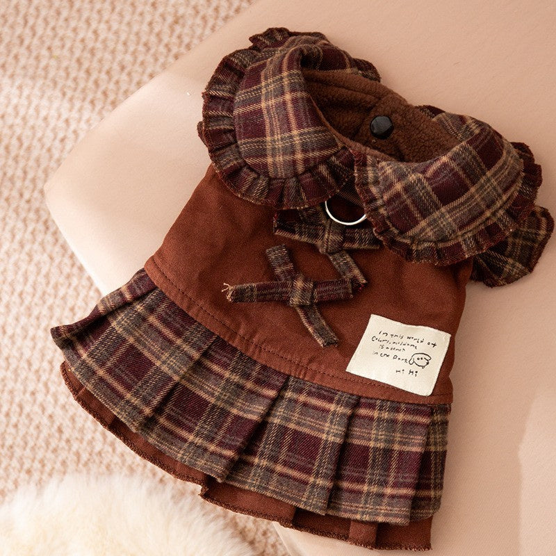 Dog Dresses for Small Dogs Plaid Matching Hoodie Couple Wear Brown