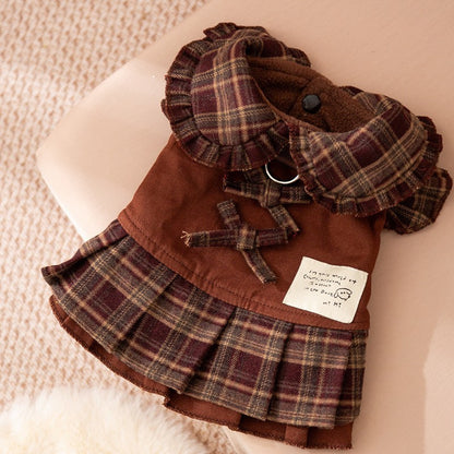 Dog Dresses for Small Dogs Plaid Matching Hoodie Couple Wear Brown
