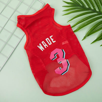 Red pet tank top with "WADE 3" print, athletic mesh apparel for active dogs
