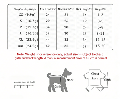 Pet clothes size chart showing measurements in CM for small, medium, and large dog breeds
