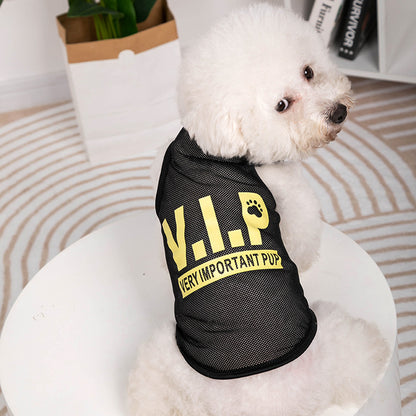 Black dog vest with "V.I.P BOSS" and gold chain accessory for stylish pets

