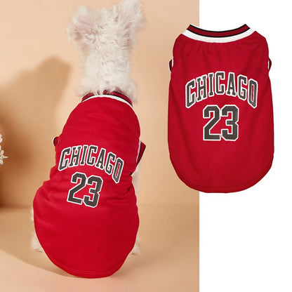 Red pet jersey with "CHICAGO 23" print, athletic dog apparel for medium to large dogs
