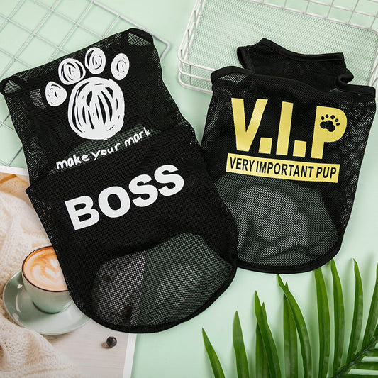 Black pet socks with "BOSS" and "V.I.P" gold text print, anti-slip paw accessories

