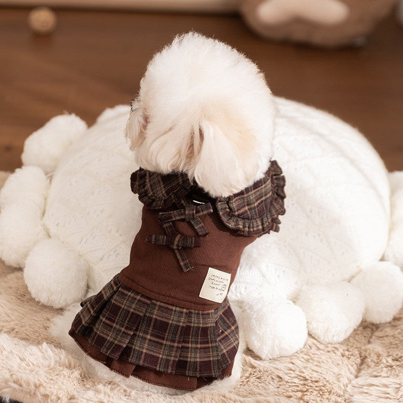 Dog Dresses for Small Dogs Plaid Matching Hoodie Couple Wear Brown