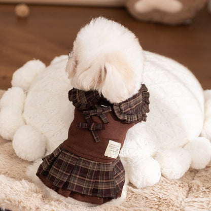 Dog Dresses for Small Dogs Plaid Matching Hoodie Couple Wear Brown