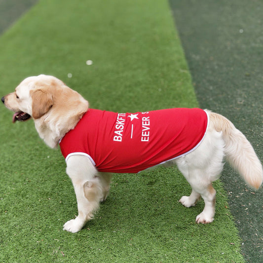Red pet vest with "BASKETBALL" print on a large dog, full side view for product display
