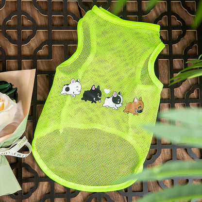 Yellow striped dog vest with cute cartoon face print on the back, soft pet apparel
