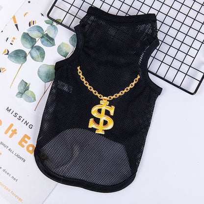 Black pet shirt with gold dollar sign ($) print and chain accessory for puppies
