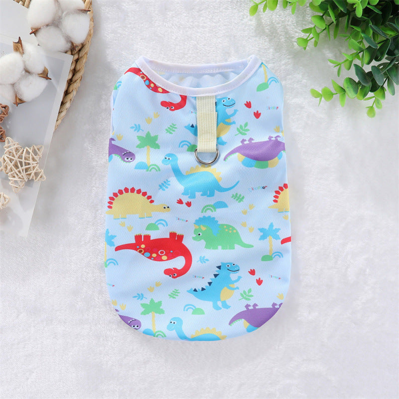 Small dog summer tank top with vibrant candy prints and leash loop
