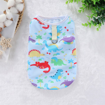 Small dog summer tank top with vibrant candy prints and leash loop
