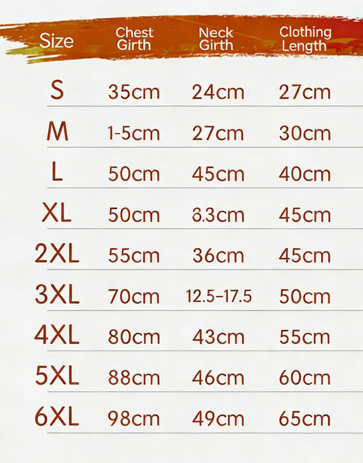 Pet clothes size chart showing measurements in CM for dog vests, sizes XS to 6XL
