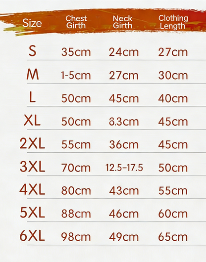 Pet clothes size chart showing measurements in CM for dog vests, sizes XS to 6XL
