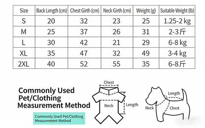 Pet clothes size chart showing measurements in CM for neck, chest, and back length, sizes XS to XXL
