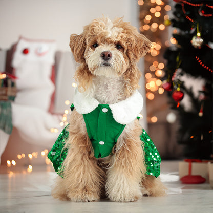 Santa Dress for Dogs Sequin Reindeer Warm Christmas Gown for Pets