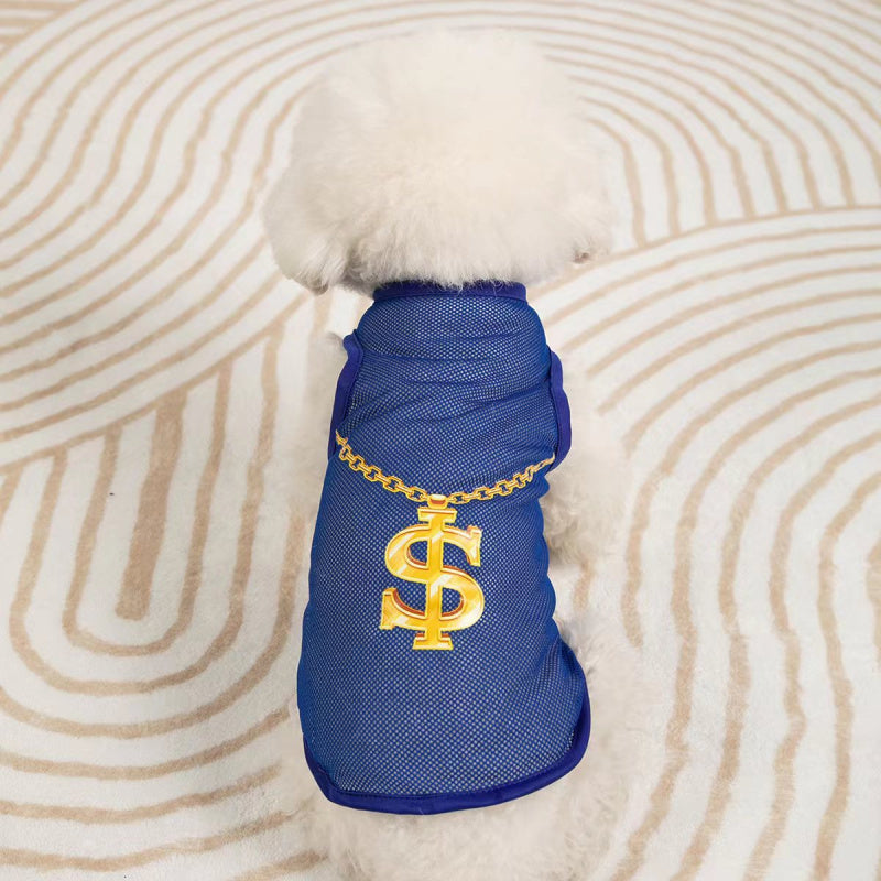 Blue pet shirt with gold dollar sign ($) print and chain accessory for puppies
