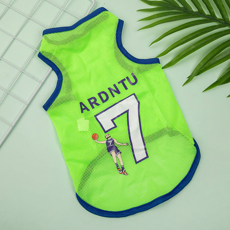 Green pet shirt with "ANDRES 7" print on back, mesh dog and cat vest for summer cooling
