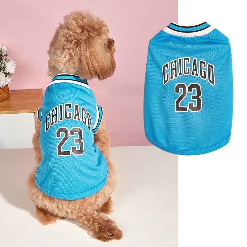 Blue pet jersey with "CHICAGO 23" print, breathable mesh dog and cat apparel for summer cooling
