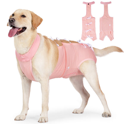 Adjustable tie-back pink surgical recovery suit for dogs protecting belly wounds