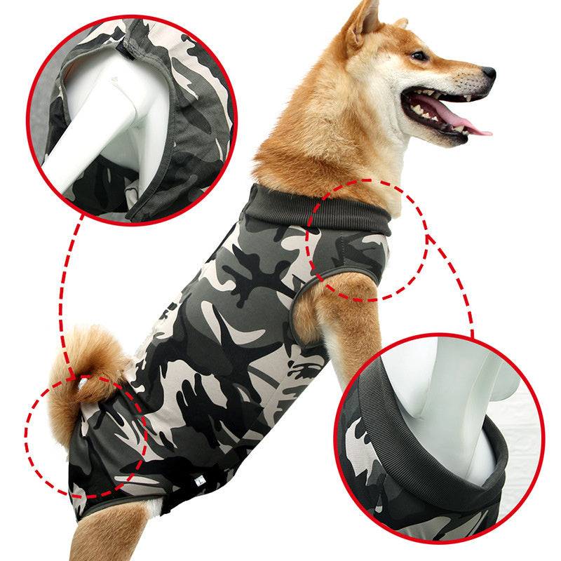 Striped recovery suit for dog after surgery with breathable fabric
