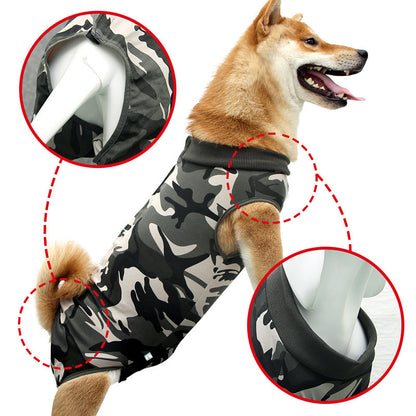 Striped recovery suit for dog after surgery with breathable fabric
