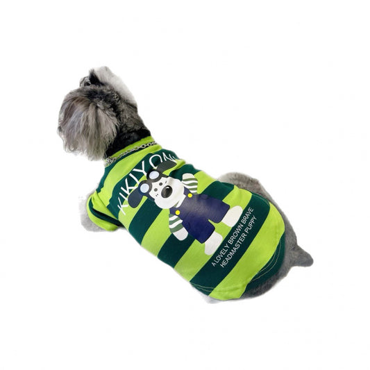 Green and yellow striped dog vest with cute cartoon prints for summer wear
