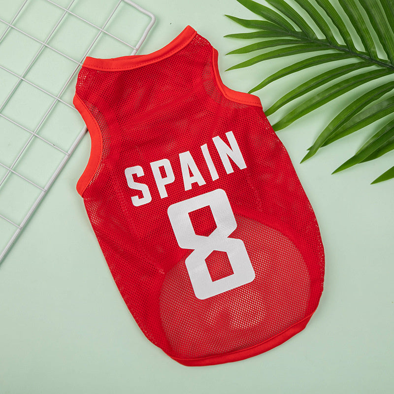 Red pet basketball jersey with "SPAIN 8" print for small to medium dogs
