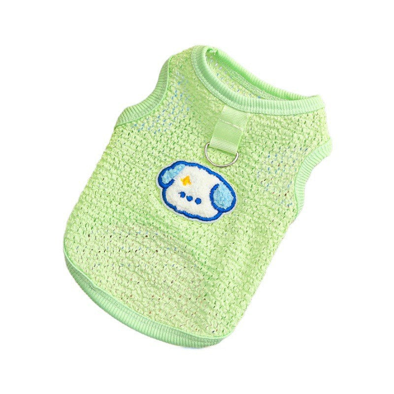 Light green mesh pet vest with an embroidered dog logo and D-ring for leash attachment
