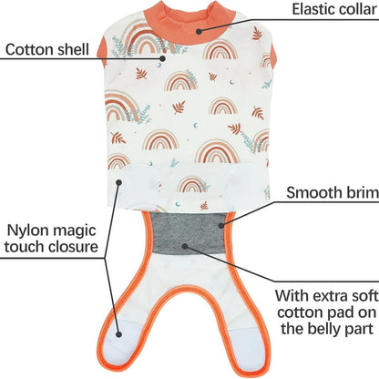 Blue striped recovery suit for dogs as a comfortable alternative to the cone
