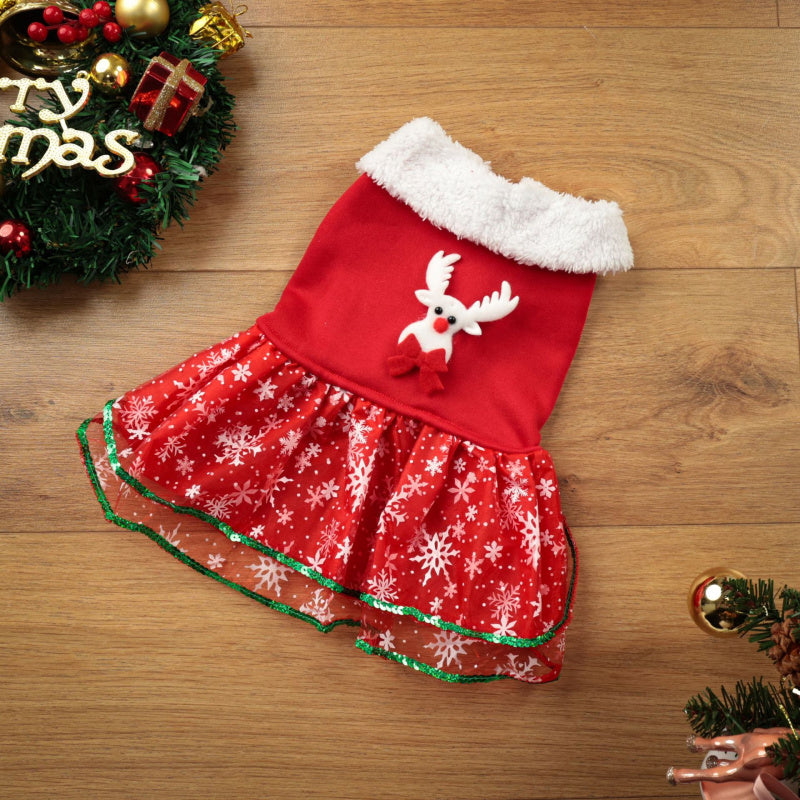 Santa Dress for Dogs Sequin Reindeer Warm Christmas Gown for Pets