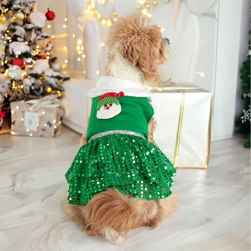 Santa Dress for Dogs Sequin Reindeer Warm Christmas Gown for Pets