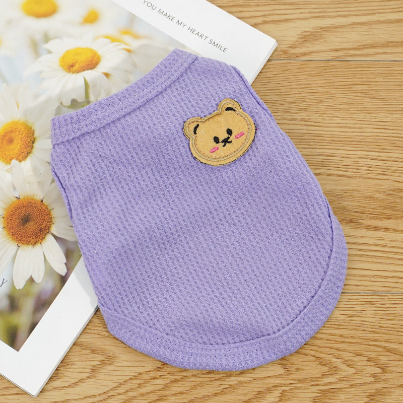 Purple pet vest with a small bear patch emblem, breathable thin pet clothes for spring/summer
