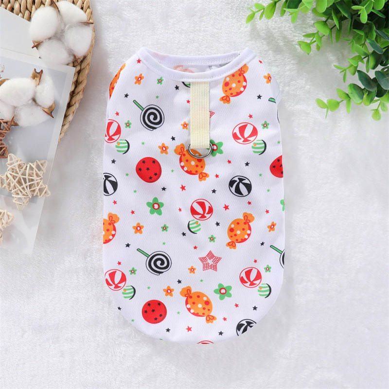 White pet vest with colorful candy and lollipop prints for small dogs and cats