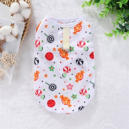 White pet vest with colorful candy and lollipop prints for small dogs and cats
