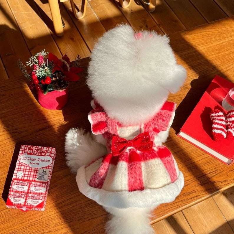 Dog Christmas Dress Plaid Cotton Sweetheart Skirt for Small Dogs