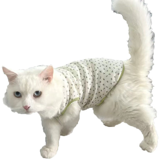 White cat standing sideways, showcasing a blue and white printed close-fitting pet vest
