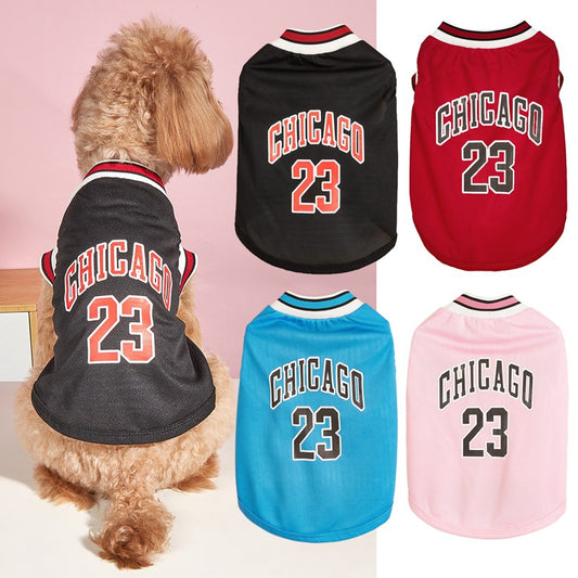 Assorted "CHICAGO 23" pet jerseys in black, red, pink, and blue, various color options
