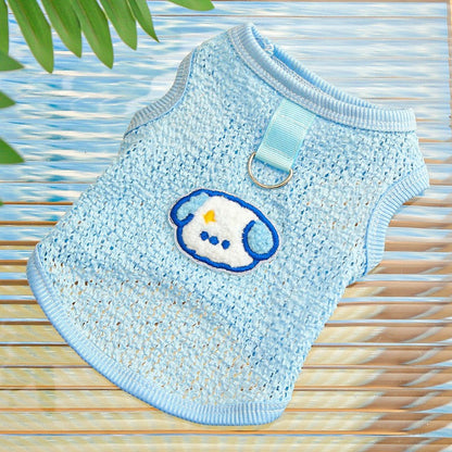 Light blue mesh pet vest with an embroidered puppy logo, perfect for small dogs and cats
