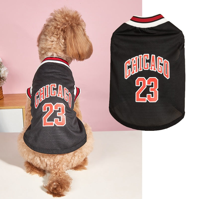 Assortment of black and red "CHICAGO 23" pet vests showing front and back views
