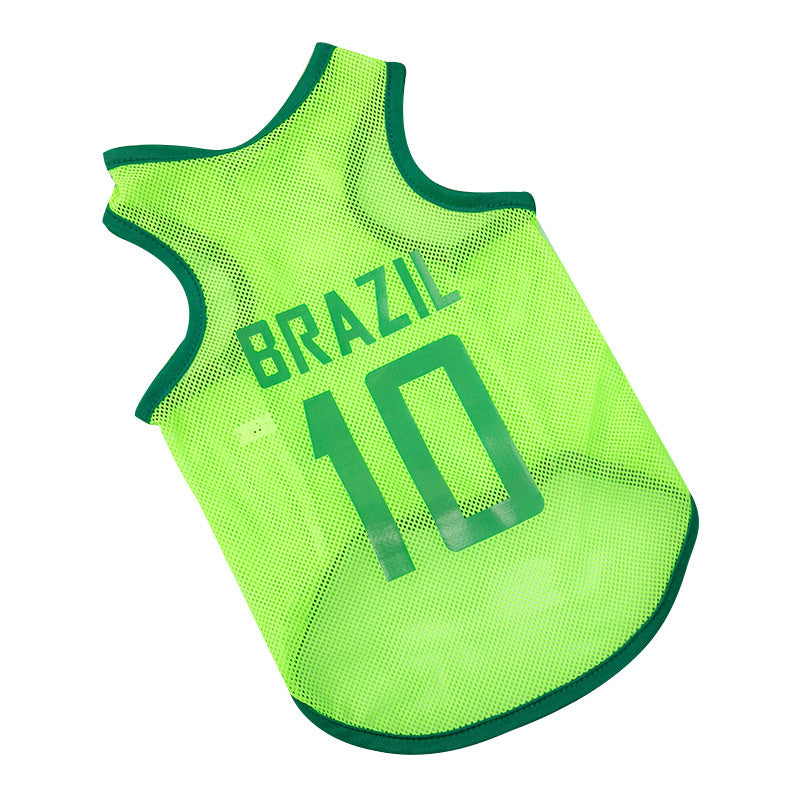 Green pet jersey with "BRAZIL 10" print, mesh fabric dog and cat vest for summer

