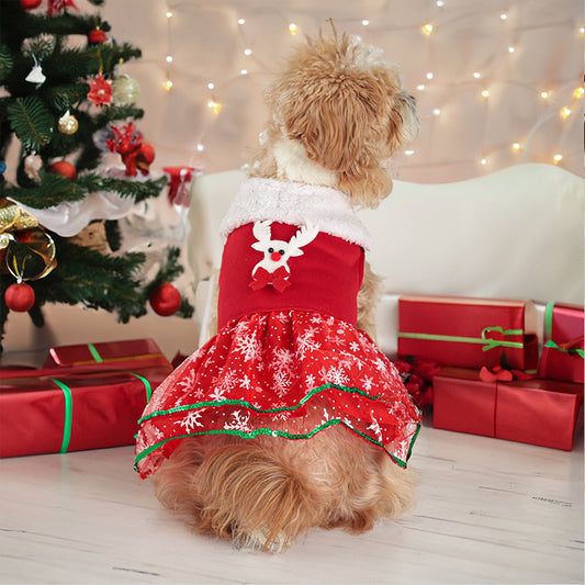 Santa Dress for Dogs Sequin Reindeer Warm Christmas Gown for Pets