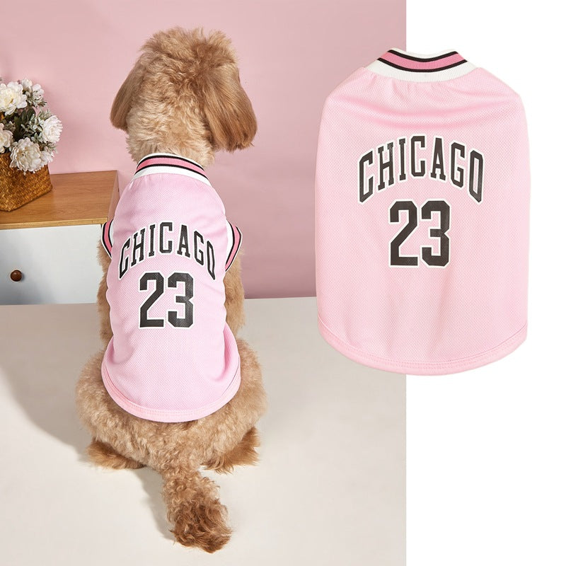 Pink pet jersey with "CHICAGO 23" print, lightweight summer dog vest for female pets
