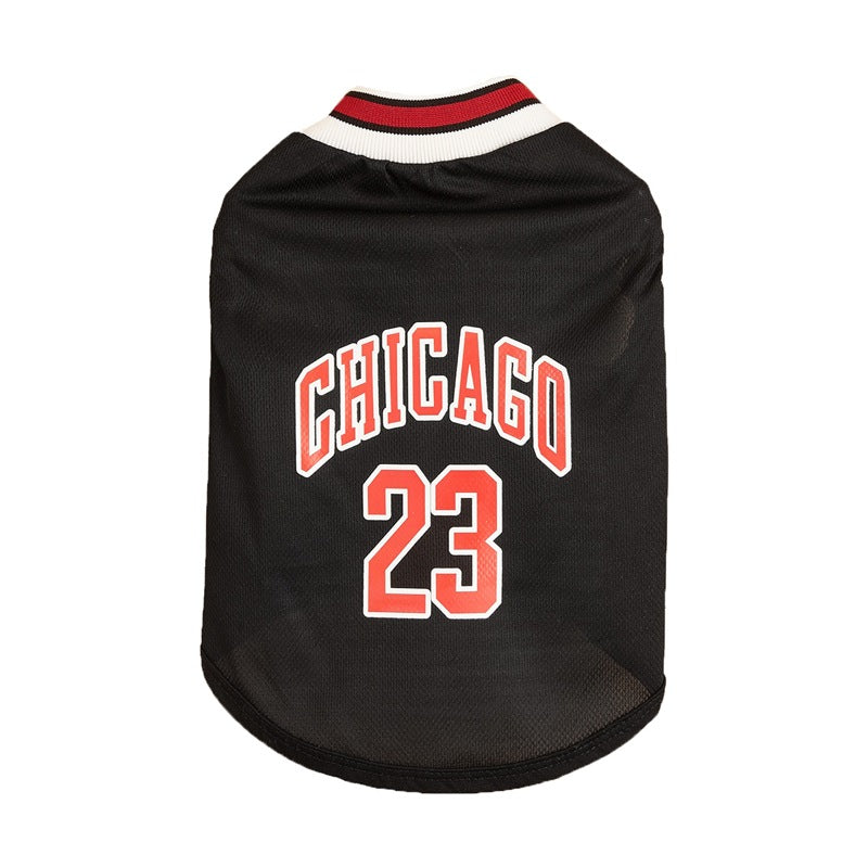 Black pet basketball jersey with "CHICAGO 23" print, dog and cat vest for summer wear
