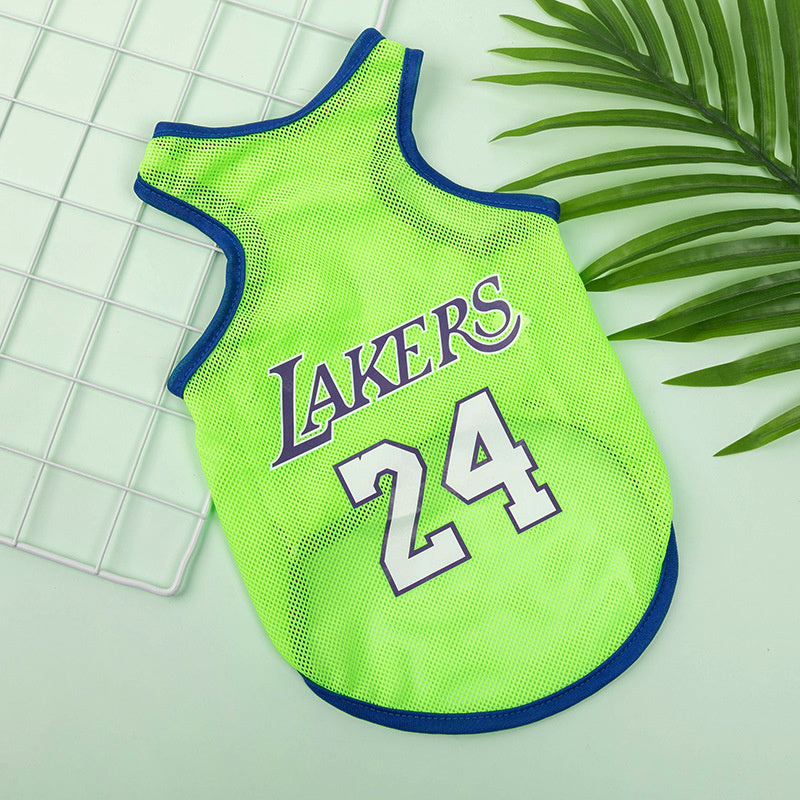 Blue pet basketball jersey with gold "LAKERS 24" style print, breathable mesh
