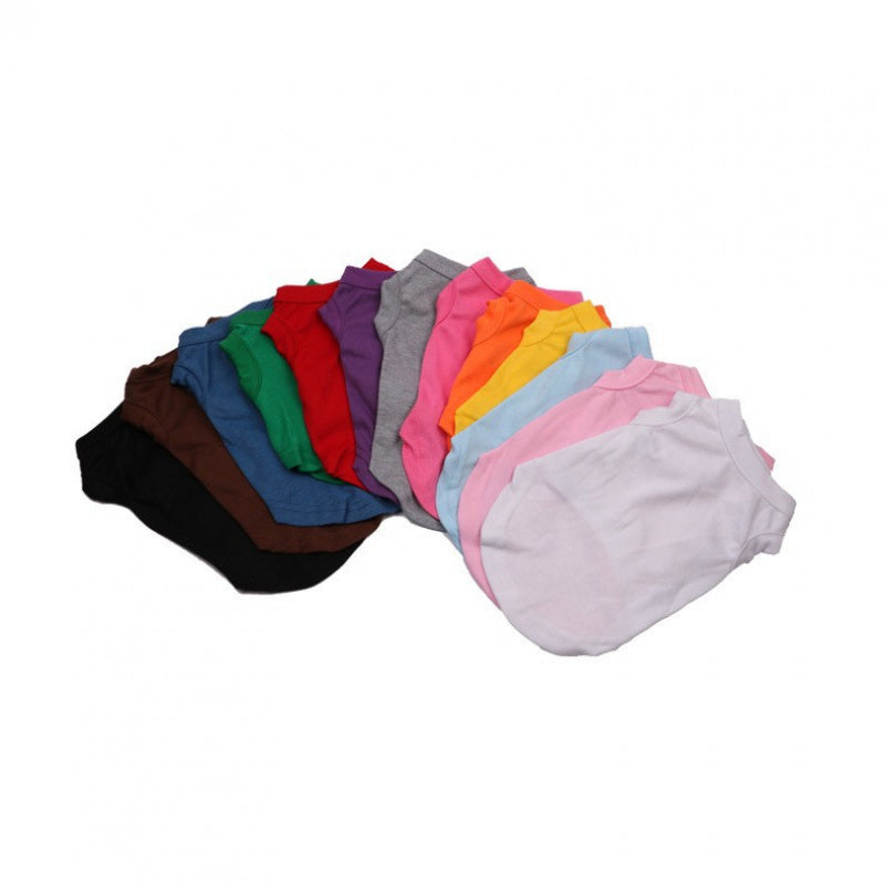 Assorted solid color pet vests in red, blue, green, and orange for bulk purchase
